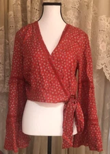 Band of Gypsies Red Ivory Wrap Crop Top with Tiered Bell Sleeves NWT Size M