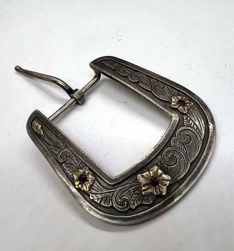 Chet Vogt Vintage Sterling Silver 14k Gold Ruby 1 Inch Belt Buckle - Picture 2 of 8
