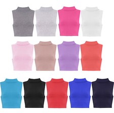 Ladies New Girls Look Sleeveless High Polo Turtle Neck Crop Top Vest Tshirt 8-12