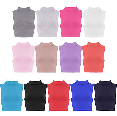 Damen neu Mädchen Look ärmellos hoch Polo Rollkragen bauchfreies Oberteil Trägershirt Tshirt 8-12