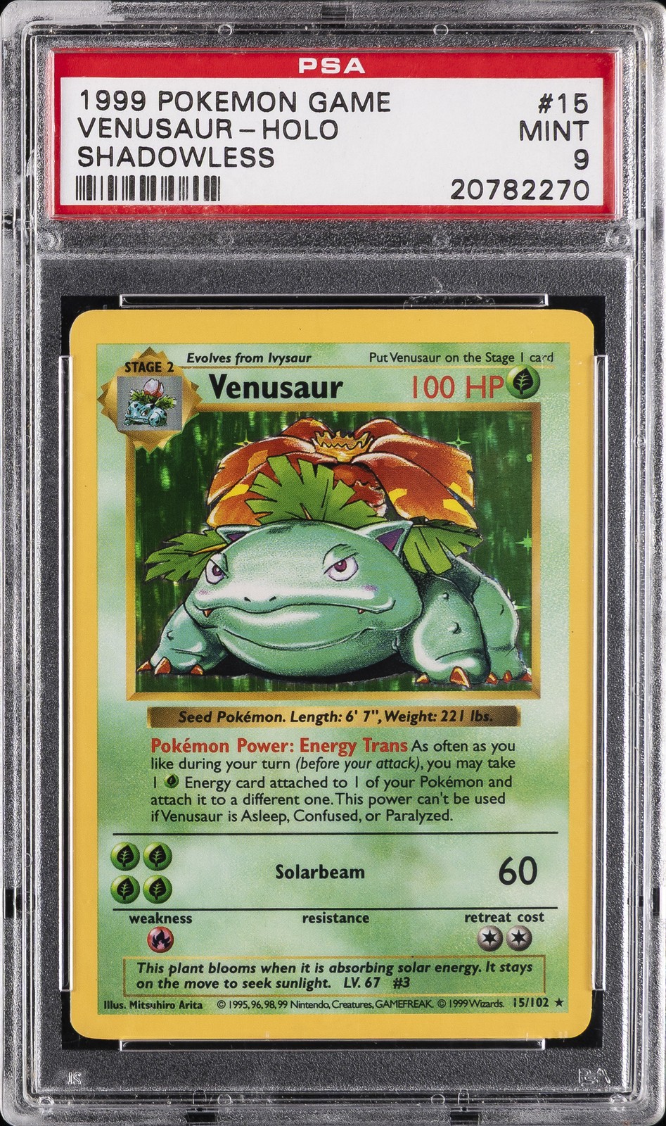 1999 POKEMON GAME SHADOWLESS #15 VENUSAUR-HOLO PSA 9