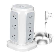 Flat Plug Power Strip Tower 9 Outlets and 5 USB Ports 2 USB-C , 1200J A-White