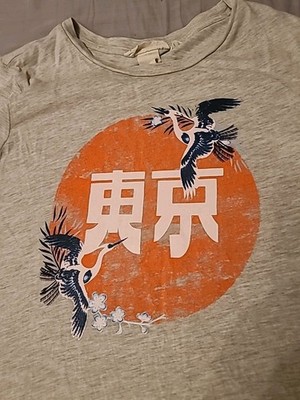 H&M L.O.G.G. T-Shirt Mädchen Tokyo Japan Kranich Kräne grau meliert Gr. XS Tokio