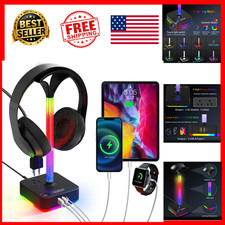 RGB Headphone Stand with 3 USB 2 AC Outlets 9 Light Modes Gaming Desk Holder