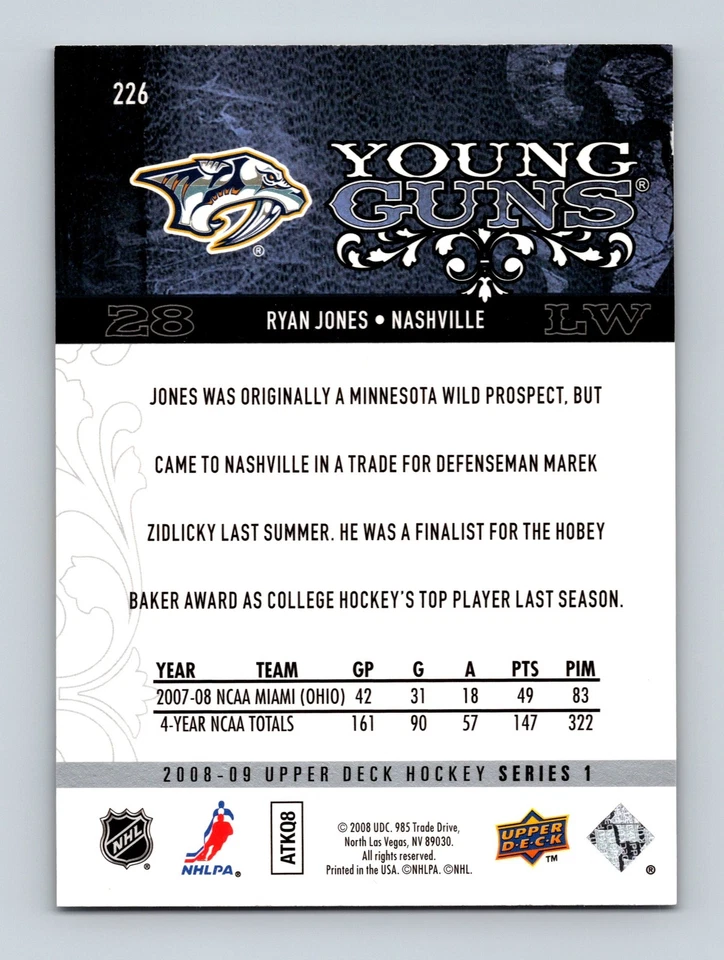 2008-09 Upper Deck Young Guns #226 Ryan Jones Nashville Predators - Image 2 of 2