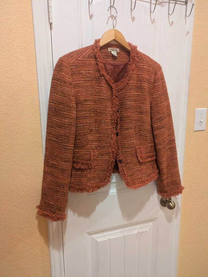 HAROLD'S Mujer 14 Marrón Salmón Tweed Flecos Blazer Mezcla Lana Sin Cuello A Presión Foto 2 de 4
