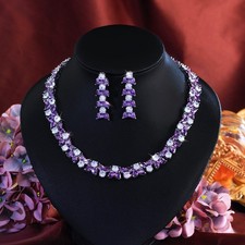 Elegant Silver Plated CZ Purple Wedding Necklace Earring for Brides Jewelry Set