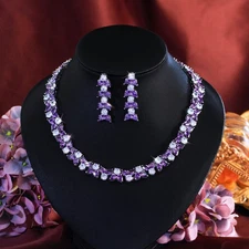 Elegant Silver Plated CZ Purple Wedding Necklace Earring for Brides Jewelry Set 