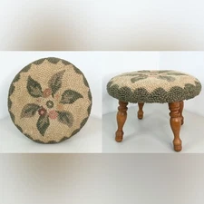 VTG Hooked Rug Floral Round Footstool Wood Legs Country Cottagecore
