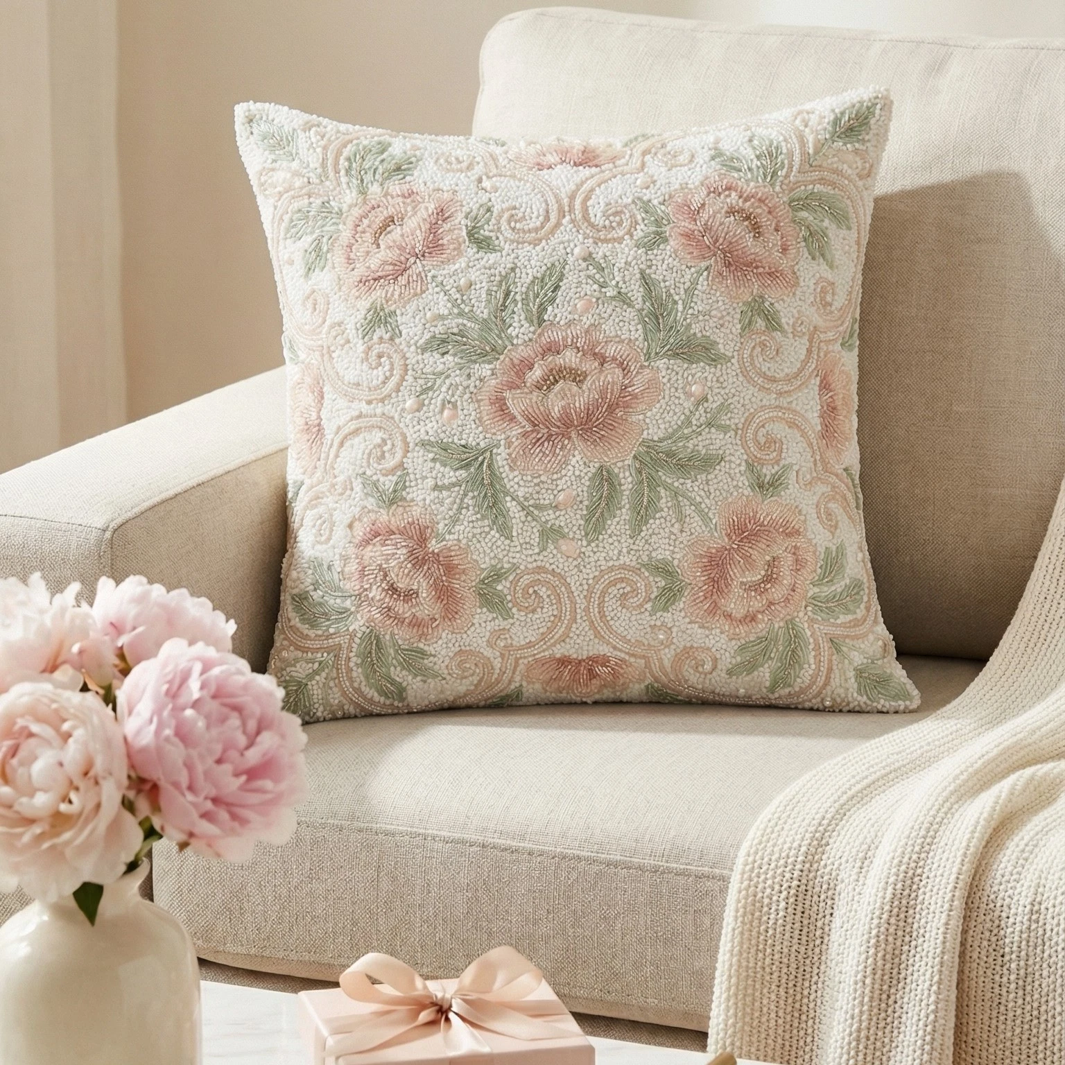 Luxury Hand Beaded Floral Throw Pillow Cover Vintage Rose Accent Cushion 16x16