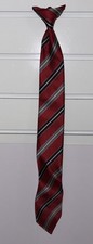 Boys Clip on Tie 16 1/2  L Maroon W/Black, Gray, Med Blue And Light Blue Stripes