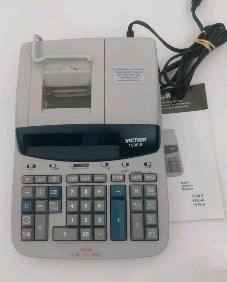 Victor 1530-6 Calculator Adding Machine w/ Power Adapter & Manual - Tested - Image 3 of 4
