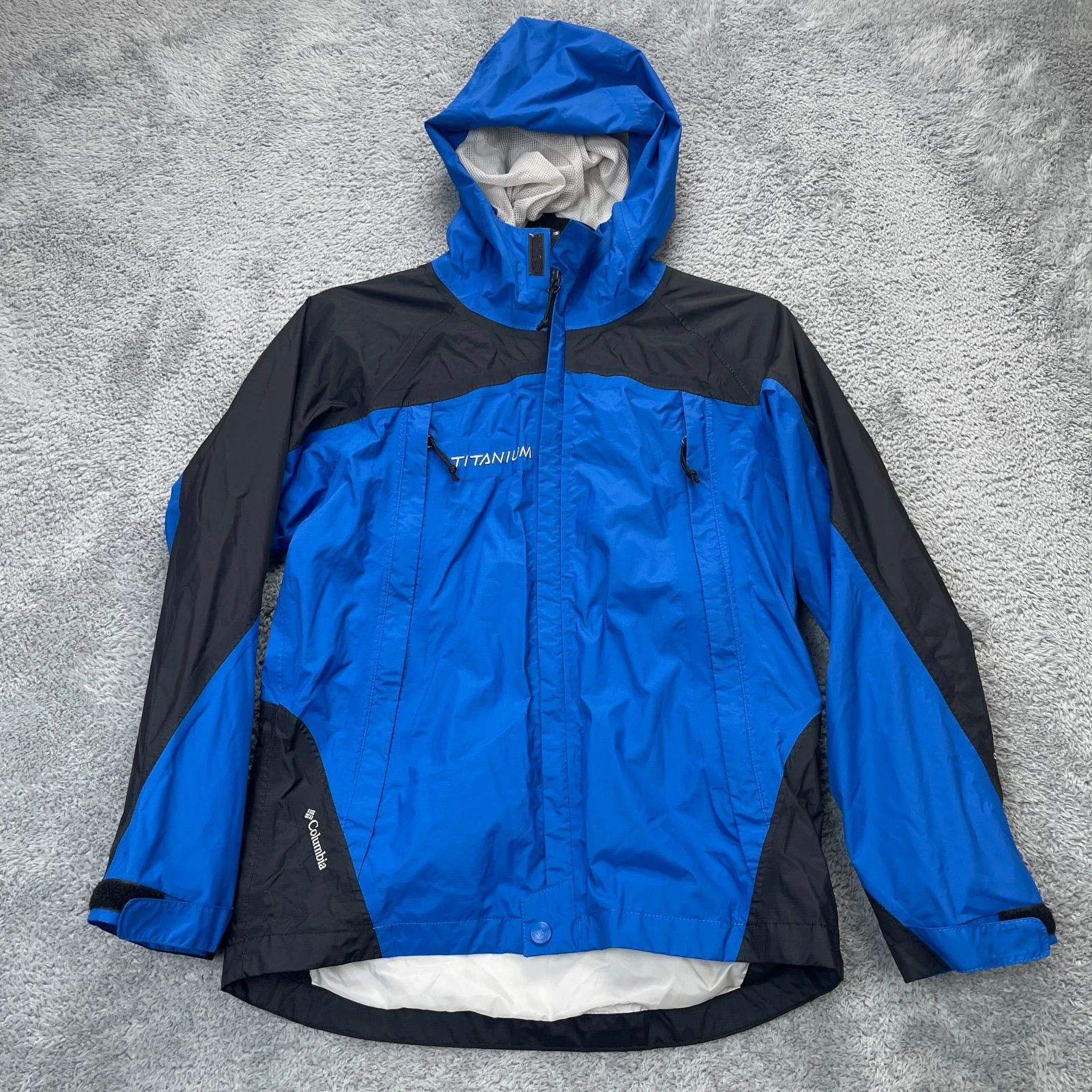 Columbia Jacket Boys 10/12 Blue Rain Coat Omni Tech Hooded Waterproof Hiking