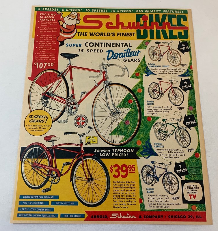 1962 Schwinn bicycle ad~ CONTINENTAL, TYPHOON, CORVETTE, RACER, TOURIST, VARSITY