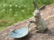 Rabbit Bunny And Leaf Bird Feeder Garden Sculpture Statue Cast Iron ~ SPI Home