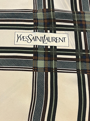Saint Laurent YSL Ivory/Green/Choc Stripe Border Silk Scarf