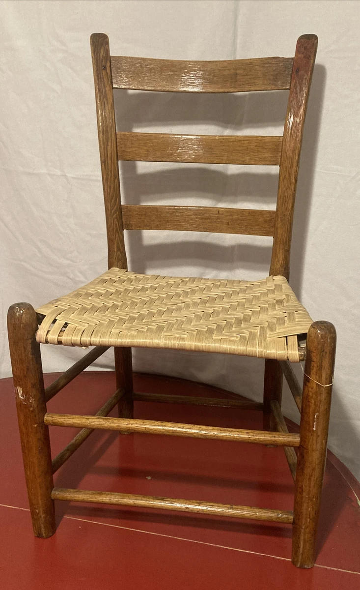 Antique Wood Ladder Back Short Child s Chair Basket Weave Hickory Woven Seat
