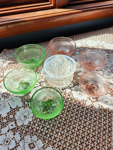 Stacy Marie glass childs nesting bowls plus Barnes reamer, depression green pink