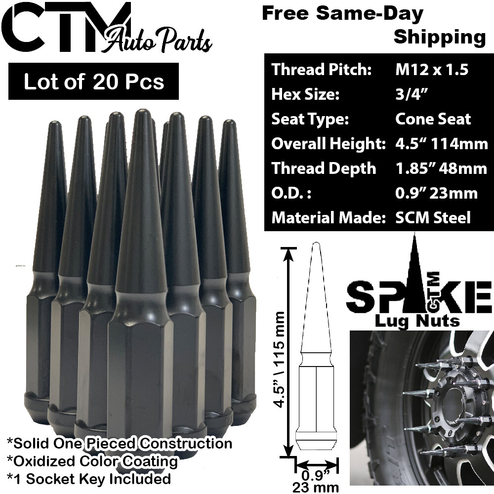16PC 12X1.5 FOR CHEVROLET BLACK CONICAL SEAT SPIKE WHEEL LUG NUT