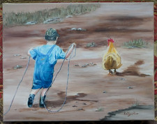 Pintura acrílica Kid Boy Catching A Chicken Crossing The Road