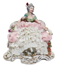Antique 19th Century Germany Dresden Seated Woman Lace Porcelain Figurine