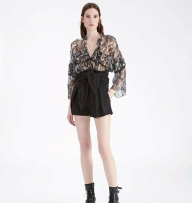 Iro Reney Printed Top M Women's Casual Ruffled Split Neck Sheer Blouse NWD 35905