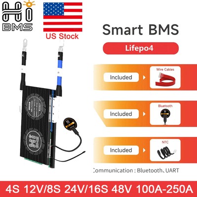 4S 12V/8S 24V/16S 48V 100A-250A LiFePo4 Protector Smart BMS Balance Bluetooth US