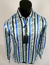 Mens Manzini Button Dress Shirt Indigo Blue Paisley Stripes French Cuff Links