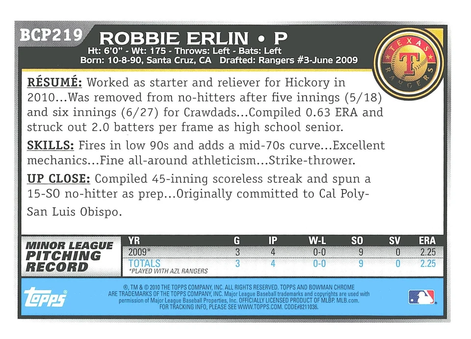 2010 Bowman Chrome #BCP219 Robbie Erlin Prospects Autographs - Image 2 of 2