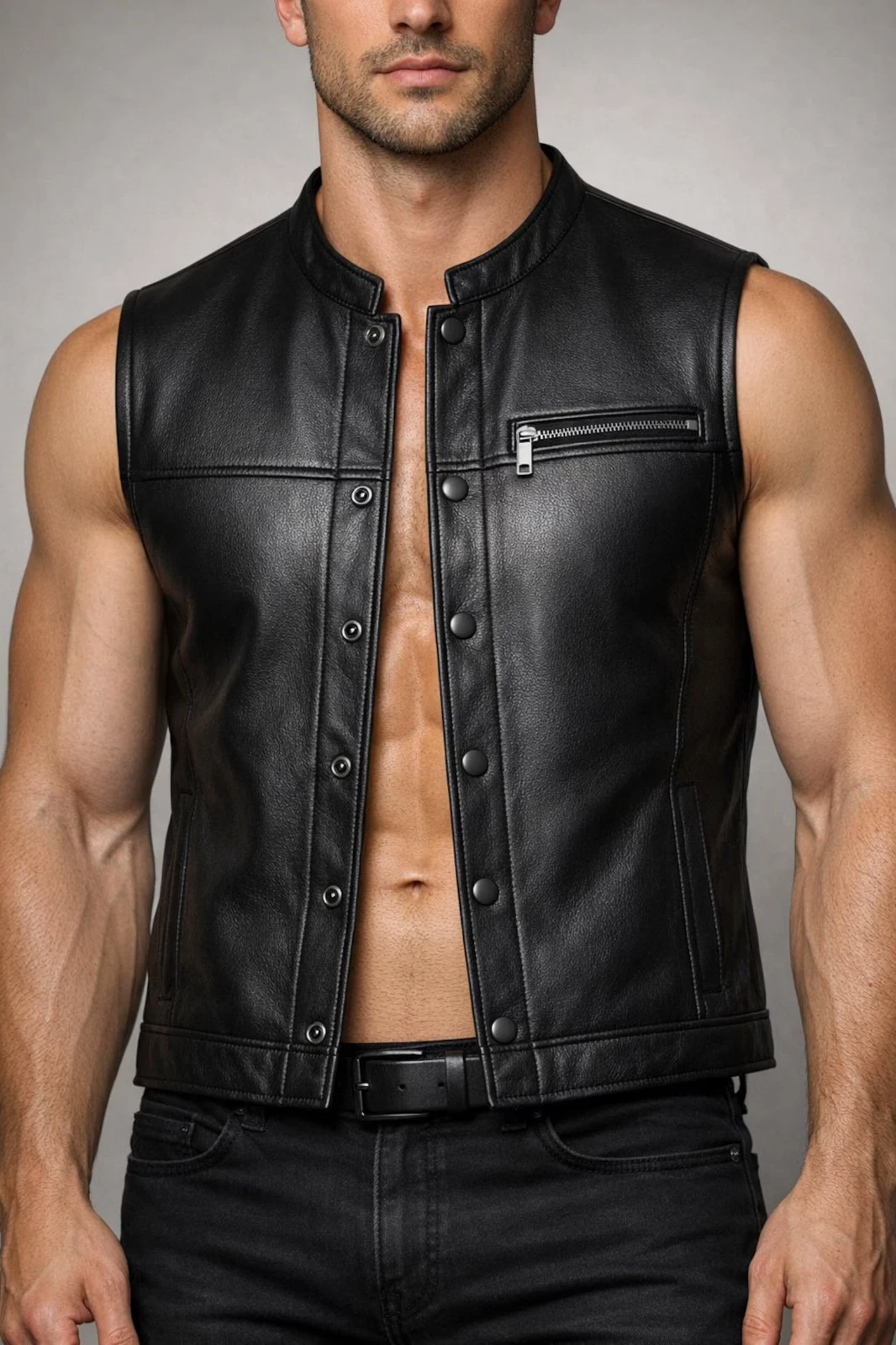 Men’s Black Genuine Leather Waistcoat | Western Slim Fit Biker Vest