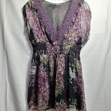 Women 90s Y2K SILK Babydoll Top Sz M Black Feather Lace V-Neck Whimsigoth Grunge