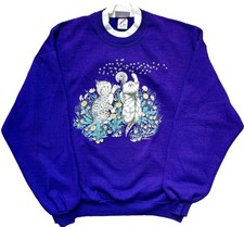 Vintage Cat Kitten Dandelion Purple Flower Sweatshirt Womens XL Grandma Core USA