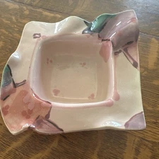 Vintage Abstract Art pottery Square Bowl Handmade & Hand Painted Signed 11” Wide