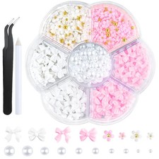   3D Bow Nail Charms and Flatback Pearls Set, 600PCS, Pink White Cute Flower