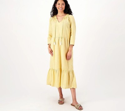 Denim & Co. Naturals Printed Sz MEDIUM Regular Midi Dress GOLD STRIPE A596346
