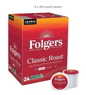 Folgers Classic Roast Coffee, Medium Roast K-cup Pods, 96 count