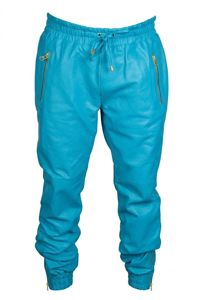 New Turquoise Blue Men's Leather Joggers Pant Pure Sheepskin Stylish Sweat Pant