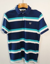 CHAPS Pique Polo Shirt Blue White Turqoise Striped Short Sleeve Mens Medium