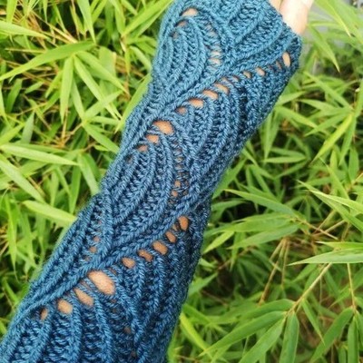 Teal Blue HandKnit Fingerless Waves Lace Armwarmer Gift Wool Blend Canada Made