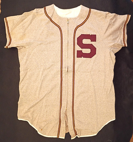 CIRCA 1950s/60s SPANJAN SIZE 42 BROWN KNIT ZIP-UP BASEBALL JERSEY #17