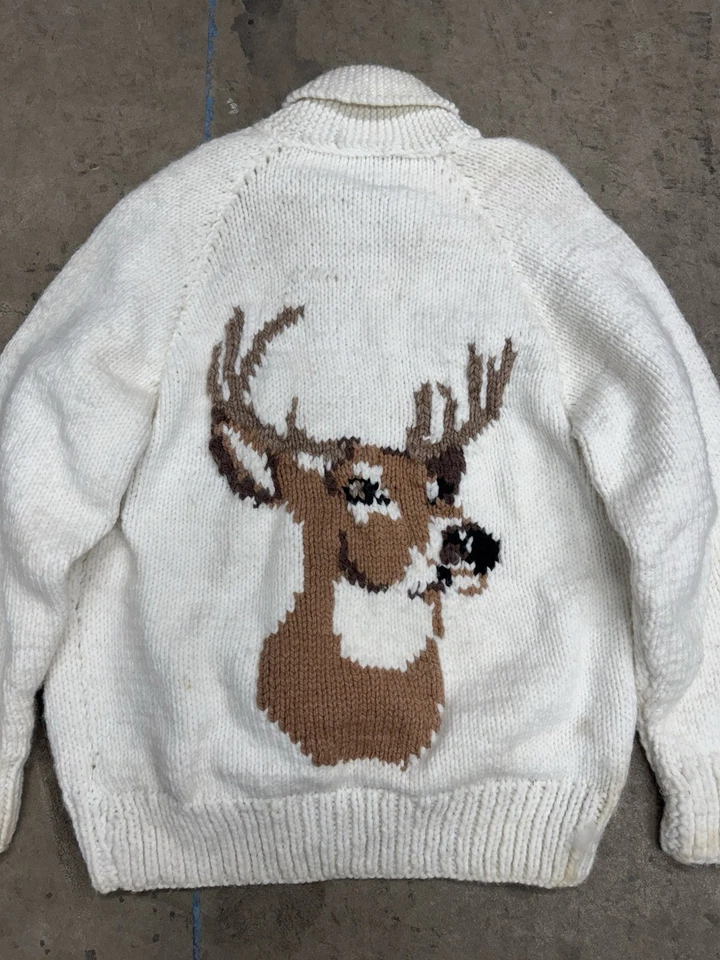 Suéter tejido de caza vintage de ciervos Cowichan Buck años 60 talla XL Foto 2 de 4
