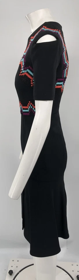 Vestido midi Roland Mouret negro hombro frío con bordado colorido talla 4 Foto 2 de 4