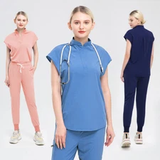 Women Scrub Sets Stretch Jogger Drawstring Pants Nurse Uniform Medical Workware