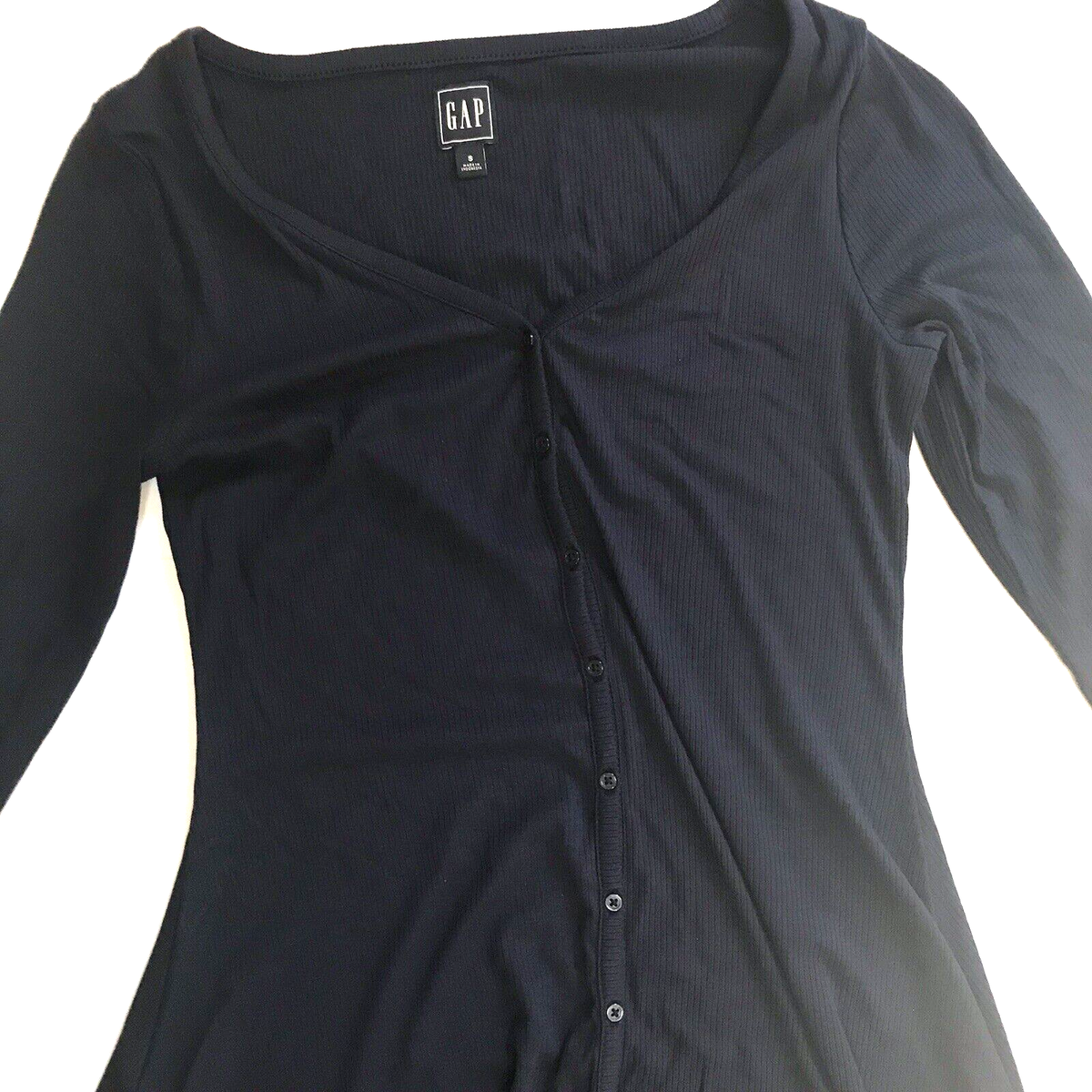 gap henley midi dress Gap Dress Small Navy Blue Ribbed Midi Button Henley Womens Minimalist  Stretch S
