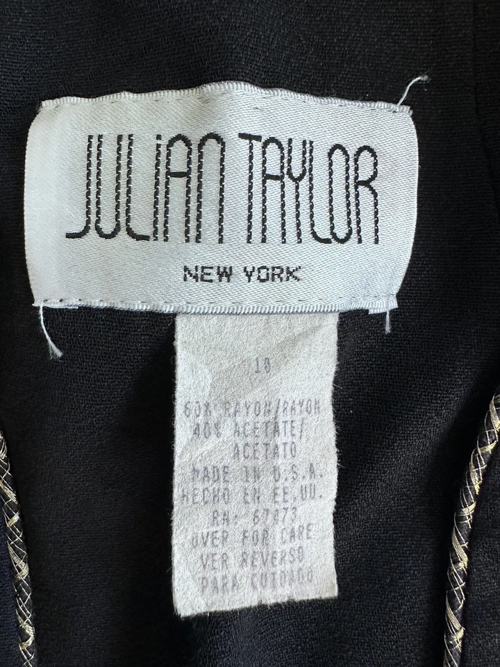 Vestido vintage Julian Taylor para mujer talla 10 manga corta negro dorado botones/ajuste Foto 3 de 4