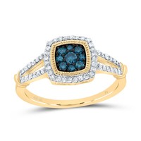 10K Gelbgold Blau Diamant Damen Kissen Halo Rechts Cocktail Ring 3/8 Karat