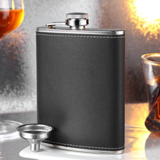 FLASK Black Rubber Stainless Steel Screw Down Cap Hip Pocket Liquor Alcohol
