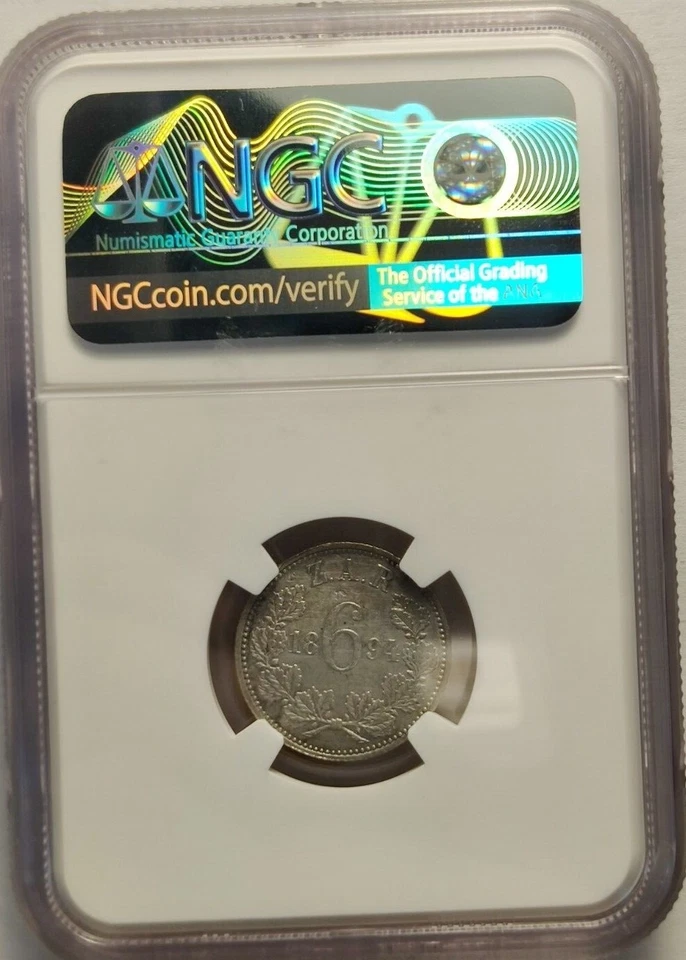 Seis 6 peniques de plata de Sudáfrica de 1894 con certificación NGC detalles como nuevos, moneda rara 3B Foto 2 de 2