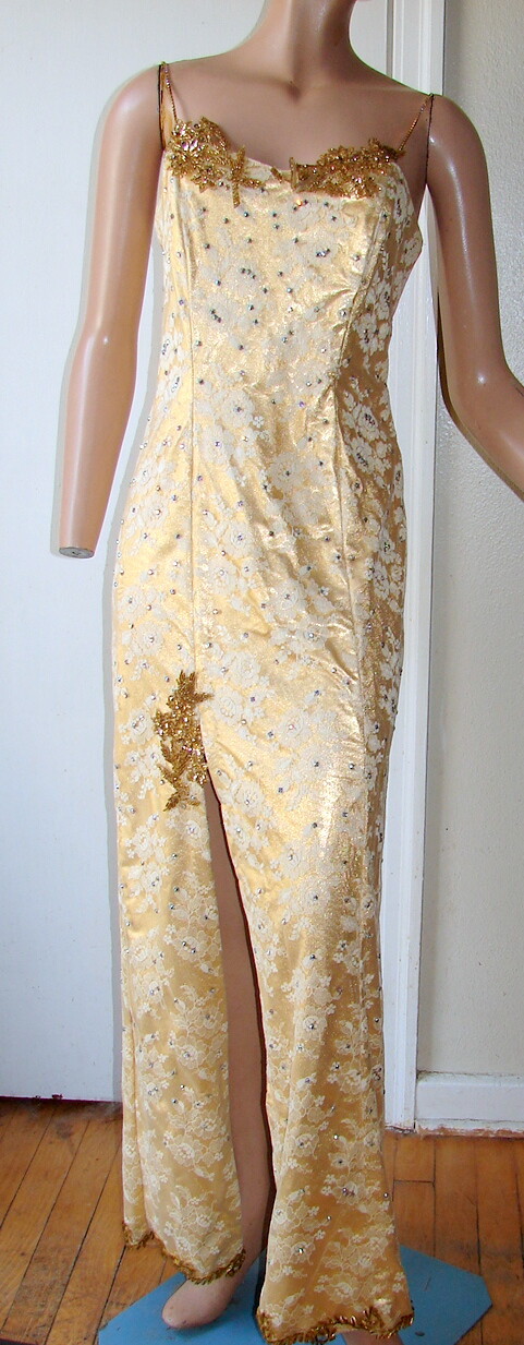 1980s GOLD LONG DRESS w/Lace and Rhinestones; Fan… - image 1