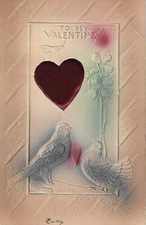 Postcard "To My Valentine" Airbrushed Flower and Doves Satin Heart Embossed